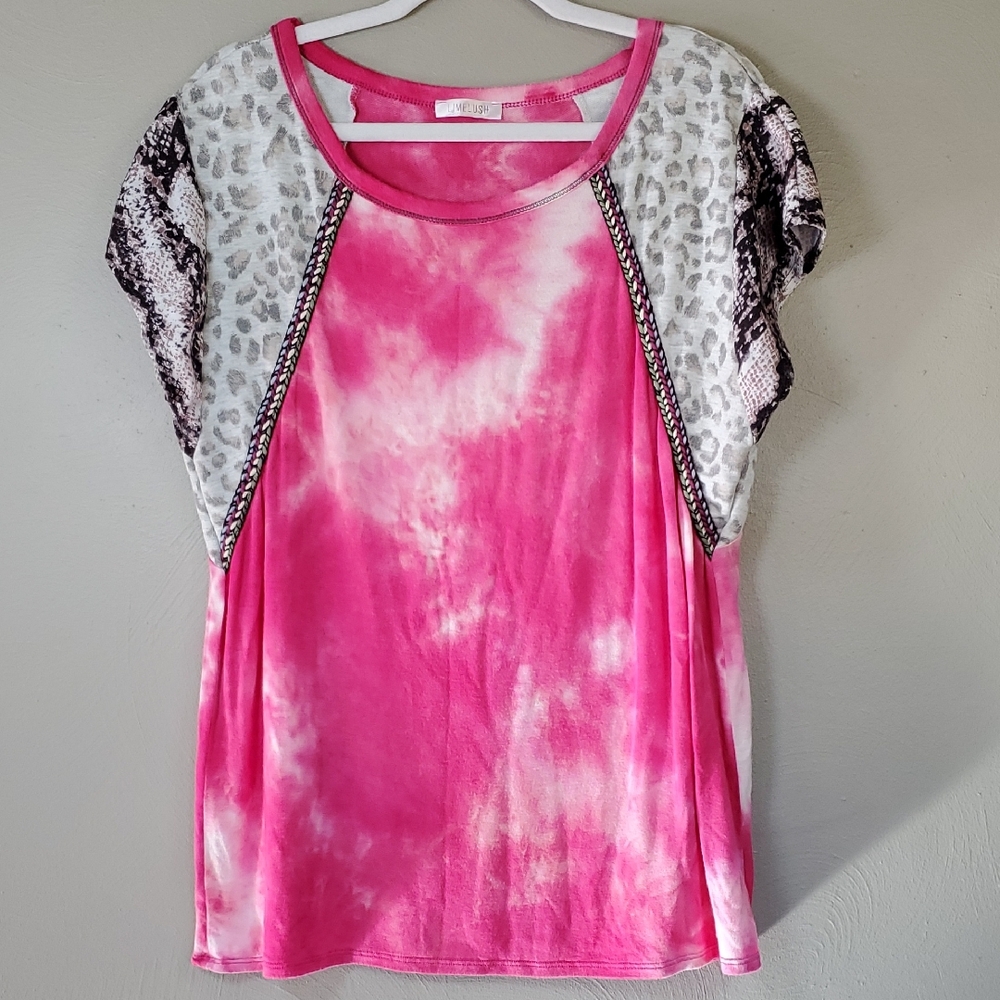 Limelush Pink Tie-Dye. Animal Print Women's Top. Size large